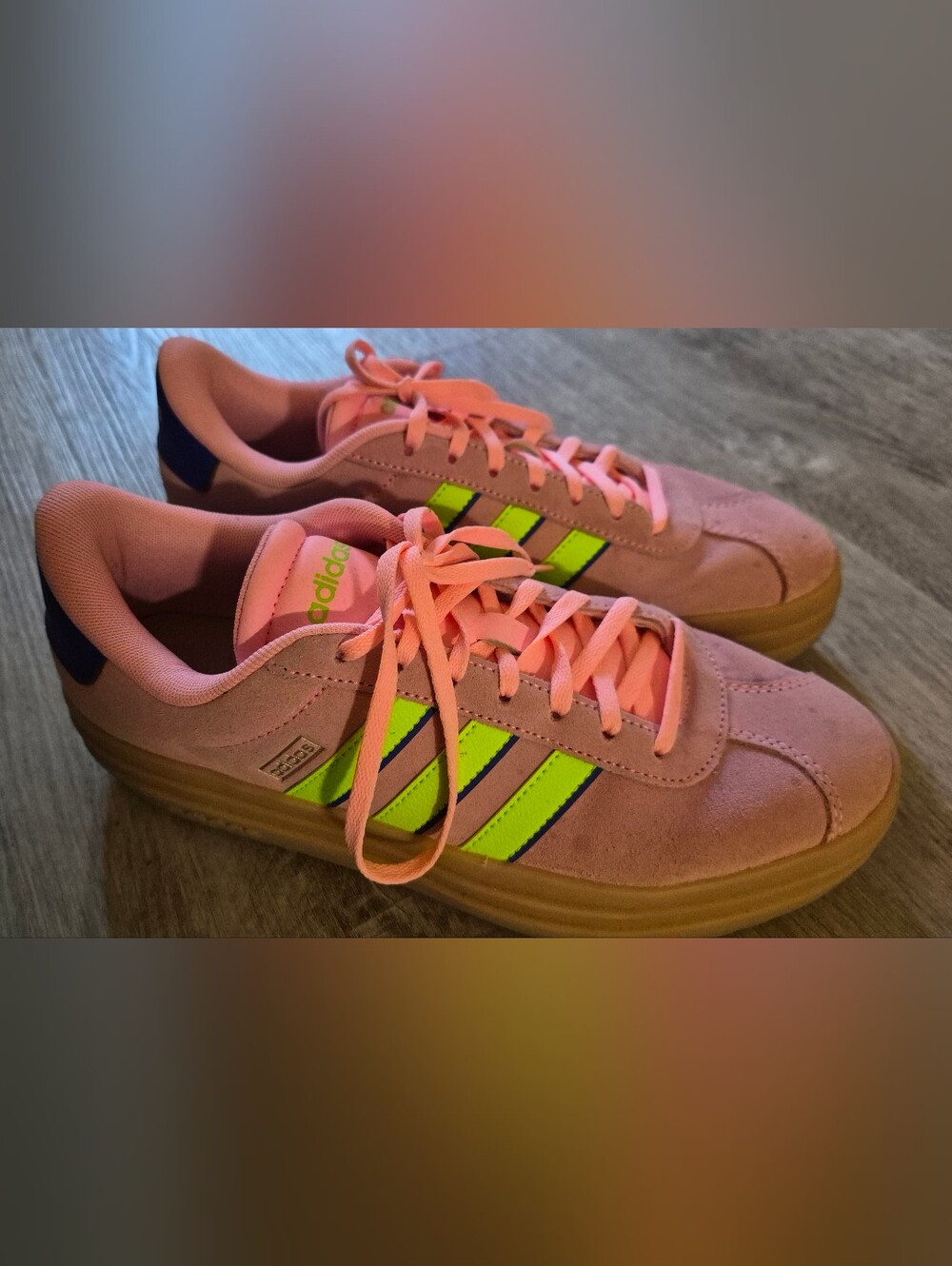 Adidas Women's Pink Suede Sneakers with Neon Green Stripes